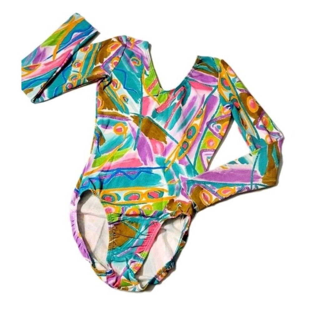 GK Multicolor Abstract Print Long Sleeve Leotard Bodysuit - Teal, Pink, Gold